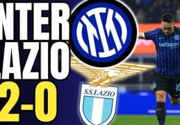 Inter-Lazio 2-0 con Lautaro esultante e loghi dei club dopo la vittoria nerazzurra in Serie A