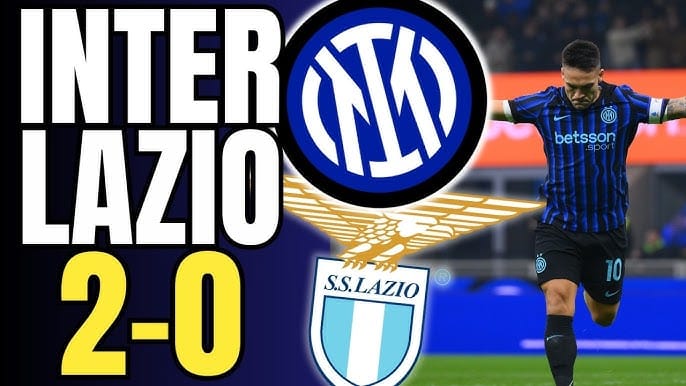 Inter-Lazio 2-0 con Lautaro esultante e loghi dei club dopo la vittoria nerazzurra in Serie A