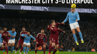 Manchester City batte Liverpool 3-0 con Haaland in salto durante l’azione offensiva all’Etihad Stadium
