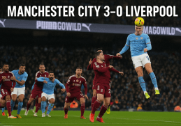 Manchester City batte Liverpool 3-0 con Haaland in salto durante l’azione offensiva all’Etihad Stadium