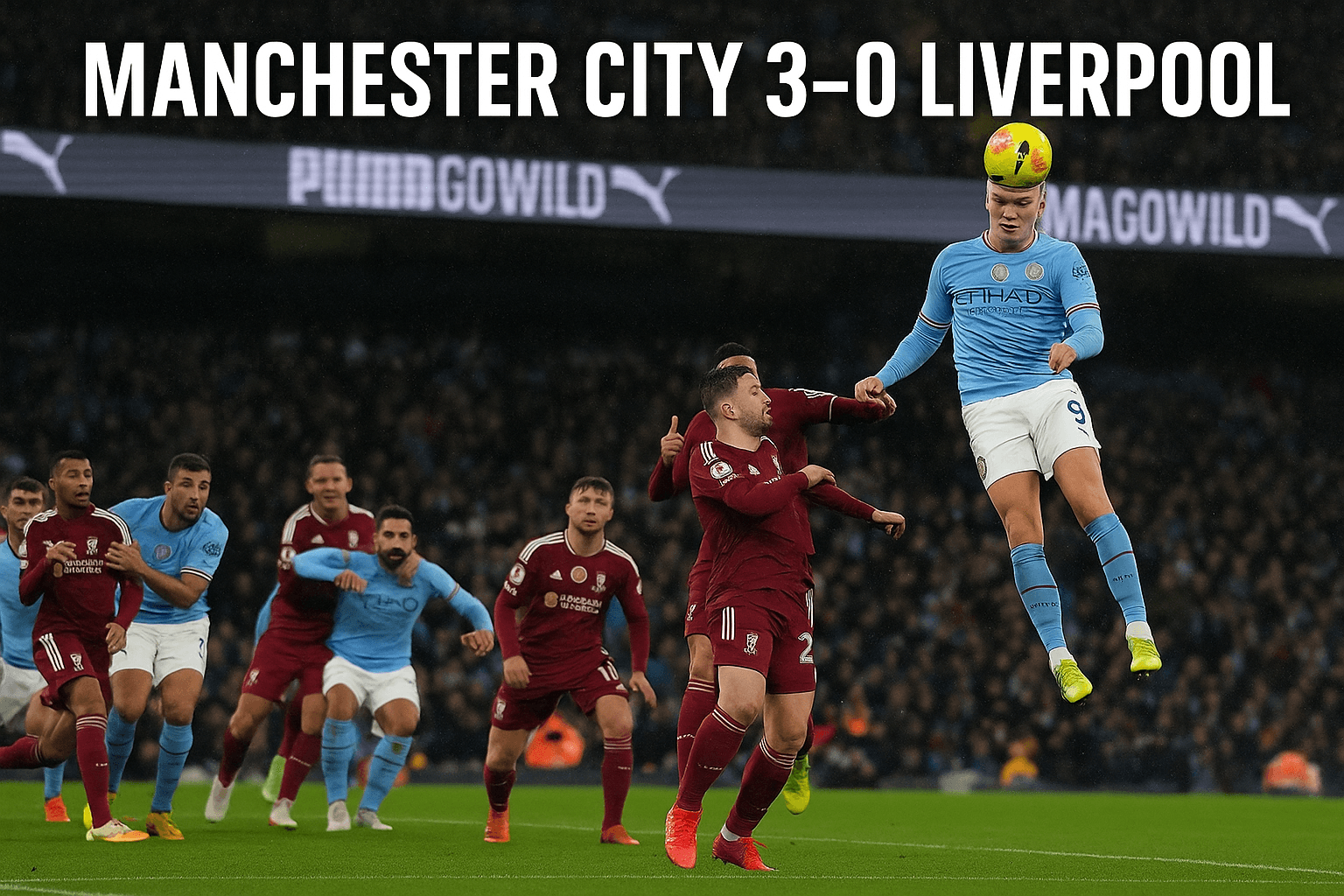 Manchester City batte Liverpool 3-0 con Haaland in salto durante l’azione offensiva all’Etihad Stadium