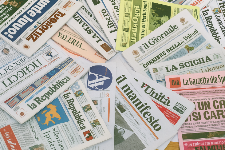 Immagine realistica e colorata che mostra giornali italiani e internazionali sparsi su un tavolo, simbolo della rassegna stampa quotidiana di oggi 2 novembre 2025 su Notizie Essenziali.