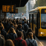 Scioperi novembre 2025: treni, bus, aerei, scuola e sanità 21 Persone in attesa in una stazione o fermata autobus durante gli scioperi di novembre 2025 in Italia. Atmosfera realistica e quotidiana, luce naturale.
