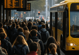 Persone in attesa in una stazione o fermata autobus durante gli scioperi di novembre 2025 in Italia. Atmosfera realistica e quotidiana, luce naturale.