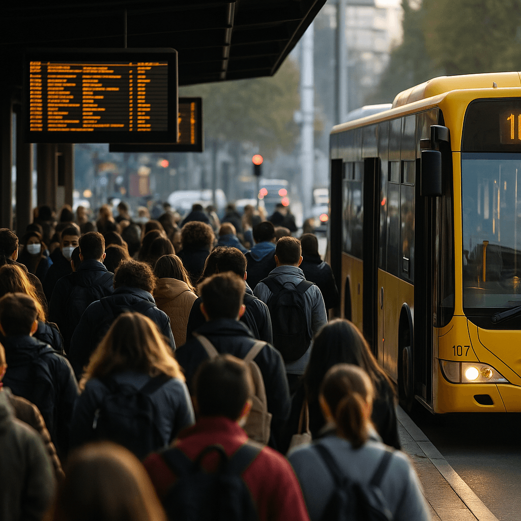 Persone in attesa in una stazione o fermata autobus durante gli scioperi di novembre 2025 in Italia. Atmosfera realistica e quotidiana, luce naturale.