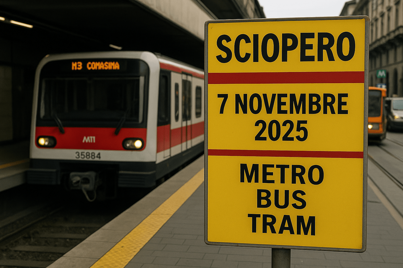 Sciopero 7 novembre 2025 a Milano: orari e info su metro, bus e tram ATM 6 Cartello giallo con la scritta “Sciopero 7 novembre 2025 metro bus tram” alla stazione di Milano, con treno e tram ATM fermi sullo sfondo.