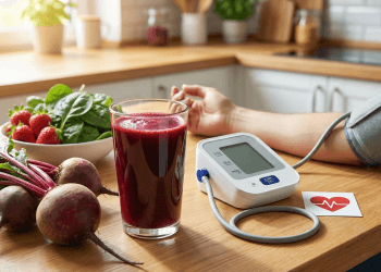 Una persona si misura la pressione sanguigna con un apparecchio digitale accanto a un bicchiere di succo di barbabietola per abbassare la pressione, barbabietole fresche, spinaci e fragole in cucina.