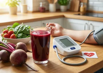Una persona si misura la pressione sanguigna con un apparecchio digitale accanto a un bicchiere di succo di barbabietola per abbassare la pressione, barbabietole fresche, spinaci e fragole in cucina.