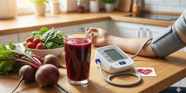 Una persona si misura la pressione sanguigna con un apparecchio digitale accanto a un bicchiere di succo di barbabietola per abbassare la pressione, barbabietole fresche, spinaci e fragole in cucina.