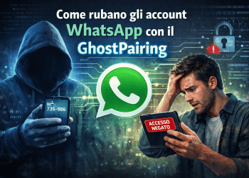 Un hacker incappucciato osserva uno smartphone con il logo di WhatsApp, rappresentazione di come rubano gli account WhatsApp con il GhostPairing.