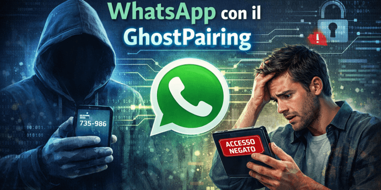 Un hacker incappucciato osserva uno smartphone con il logo di WhatsApp, rappresentazione di come rubano gli account WhatsApp con il GhostPairing.