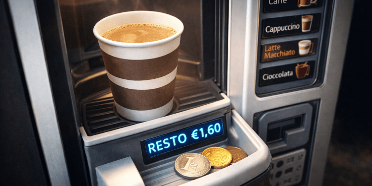 Un distributore automatico di caffè con delle monete in primo piano, simbolo della storia dell'operaio licenziato per 1,60 euro di resto del caffè.