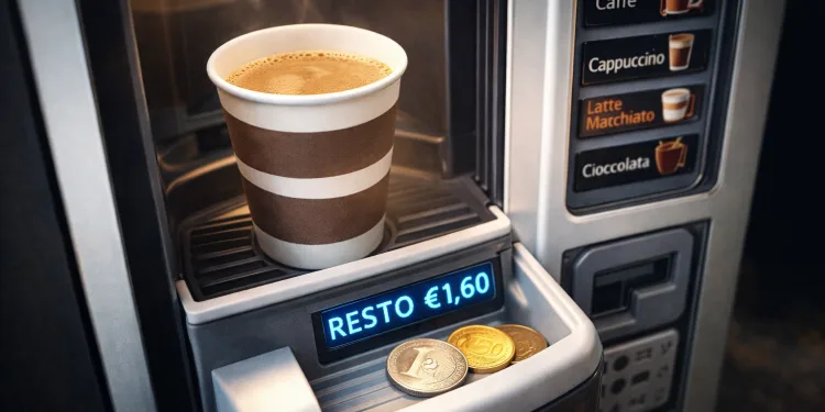 Un distributore automatico di caffè con delle monete in primo piano, simbolo della storia dell'operaio licenziato per 1,60 euro di resto del caffè.